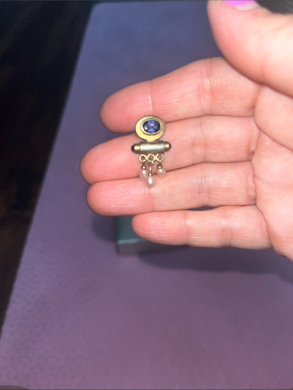 Michou silver and Gold 14 k  Earrings with Blue Cabochons and Pink Pearl Drops